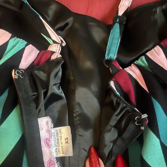 Pinup Couture Harlequin Midi Dress in Pink, Red, and Green - Picture 4 of 5